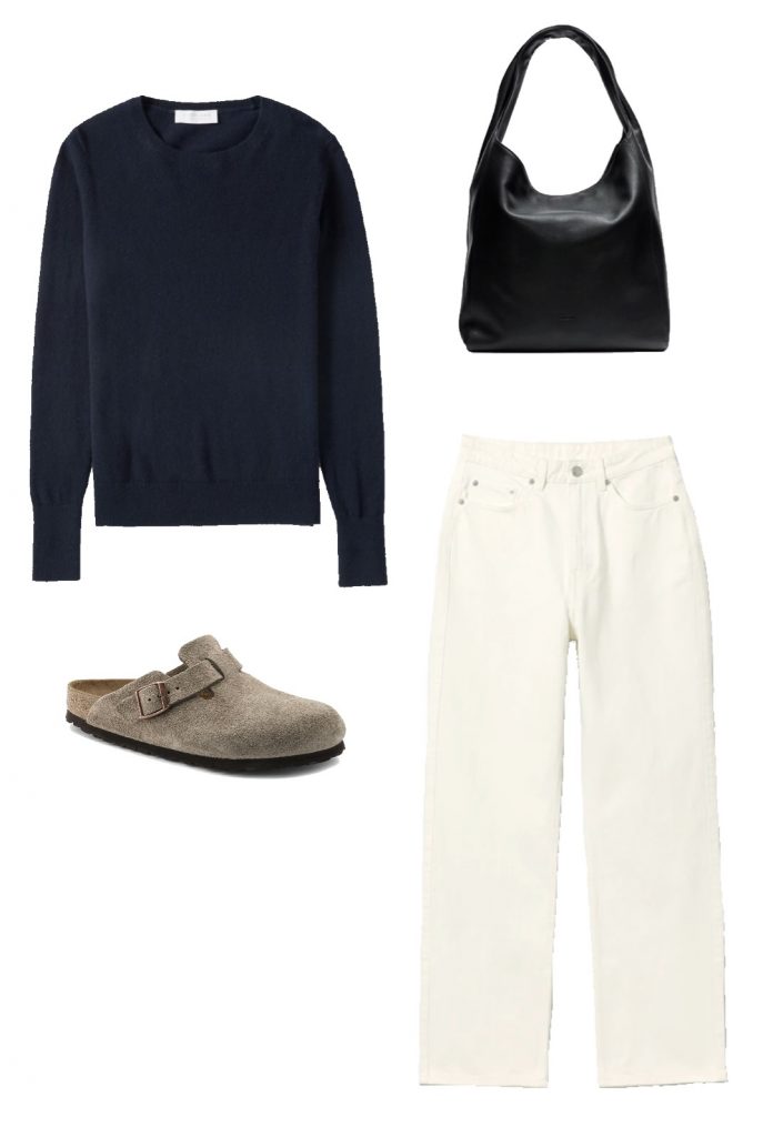 Cashmere crew sweater, white denim, and clogs fall outfit