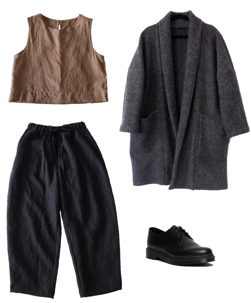 Linen tank, linen pants, boiled wool coat, and oxford shoes fall outfit
