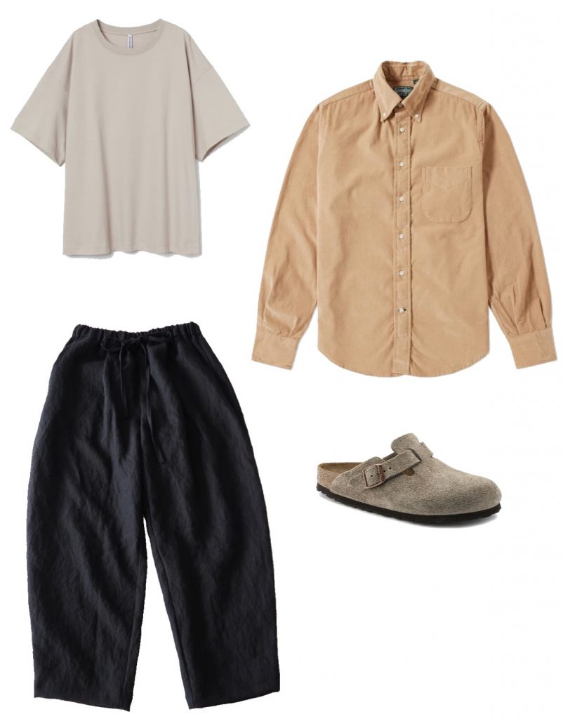 Beige tee, corduroy shirt, linen pants and Birkenstock Boston clogs fall outfit