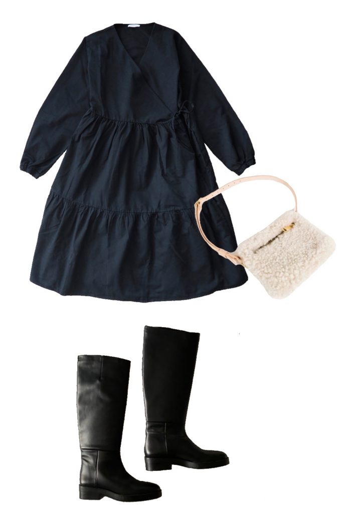 Tiered wrap dress, shearling fanny pack, and tall boots fall outfit