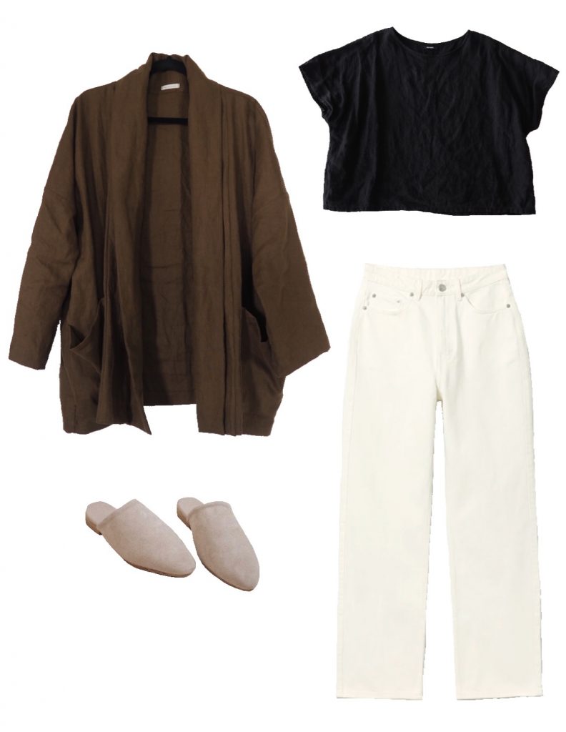 Black linen tee, olive linen jacket, white denim, and mules fall outfit