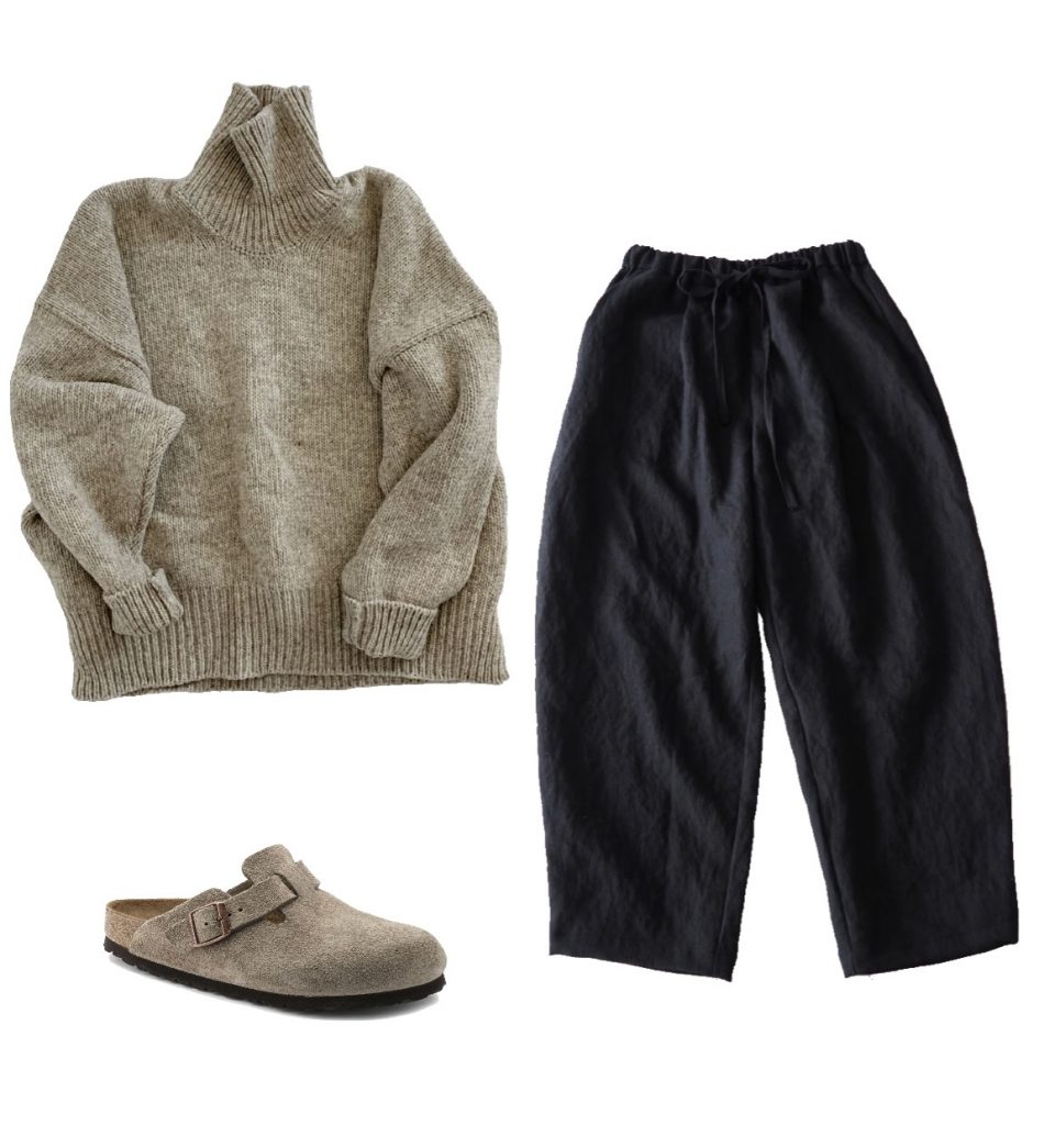 Wool turtleneck, linen pants and Birkenstock Boston clogs fall outfit