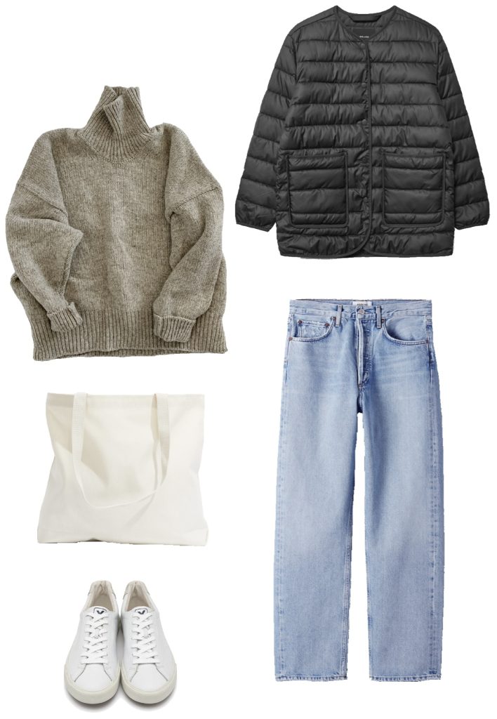 Quilted liner jacket, wool turtleneck, straight leg denim and sneakers winter outfit