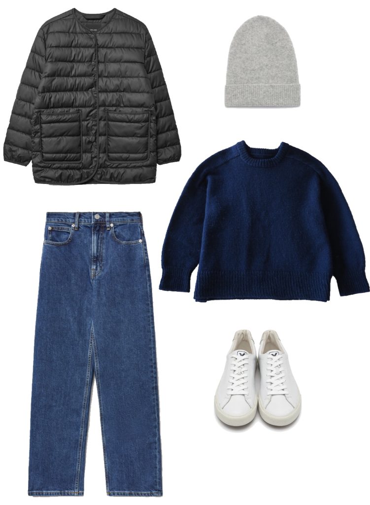 Navy wool pullover, indigo denim, quilted liner jacket and sneakers winter outfit