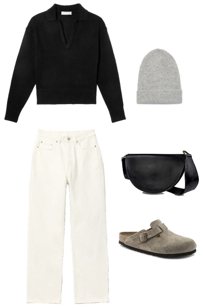 Cashmere polo sweater, ecru denim, crossbody bag and birkenstock boston suede clogs winter outfit