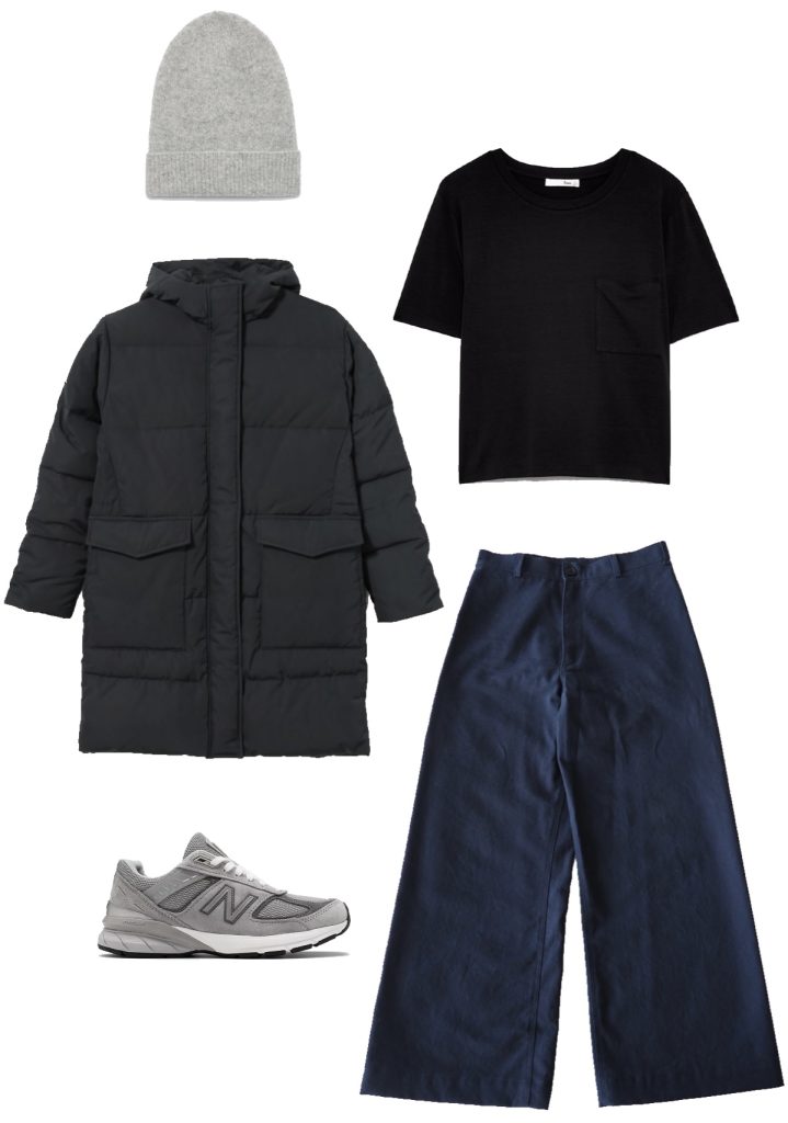 Basic tee, wide leg pants, parka, and new balance 990 winter outfit