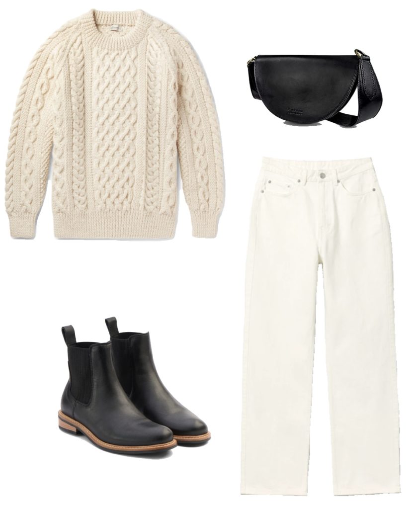 Fisherman sweater, ecru denim, chelsea boots and crossbody bag winter outfit