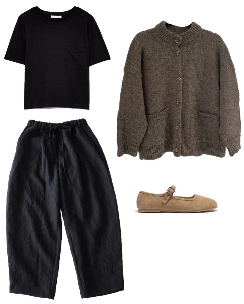 Black tee, linen pants, wool cardigan, and mary jane flats winter outfit
