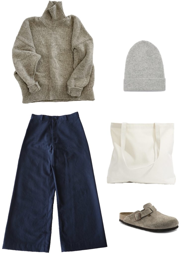 Babaa turtleneck, wide leg pants, canvas tote, and birkenstock boston suede clogs winter outfit
