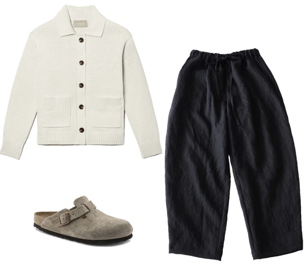 Cotton cardigan, linen pants and birkenstock boston suede clogs winter outfit
