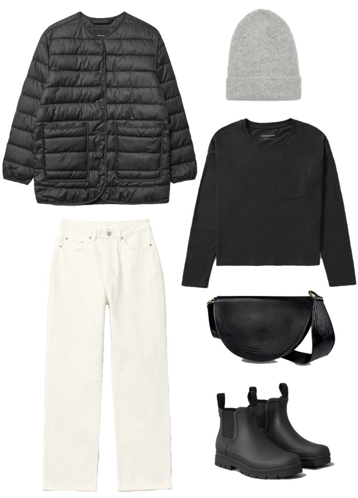 Longsleeve tee, ecru denim, quilted liner jacket and rain boots winter outfit