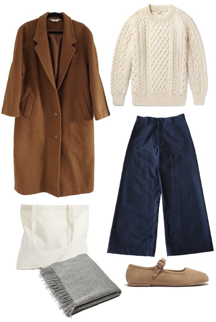 Fisherman sweater, wide leg pants, vintage wool coat and mary jane flats winter outfit