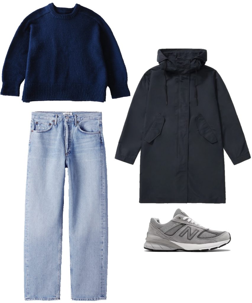 Navy wool hand knit sweater, boyfriend denim, rain coat and new balance 990 winter outfit