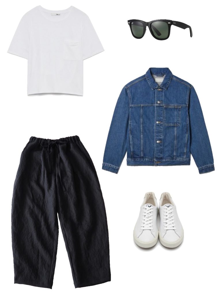 Basic summer outfit inspiration - white tee, black linen trousers, denim jacket, white sneakers and black sunglasses