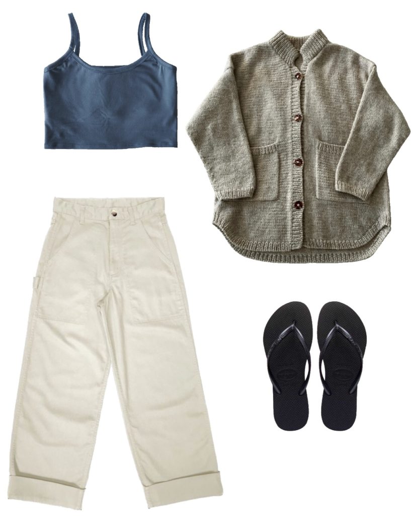 Summer capsule wardrobe outfit ideas - blue cropped tank, beige cargo pants, wool shacket, black flip flops