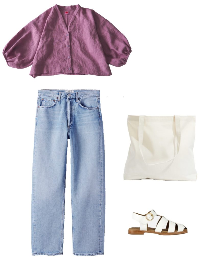 Summer capsule wardrobe outfit ideas - lilac cropped blouse, light denim, canvas tote bag, white leather fisherman sandals