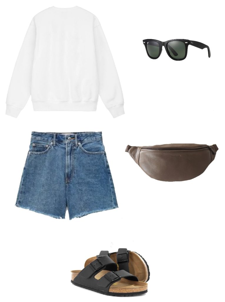 Summer capsule wardrobe outfit ideas - white crew sweater, denim shorts, taupe bum bag, black chunky sandals, black sunglasses