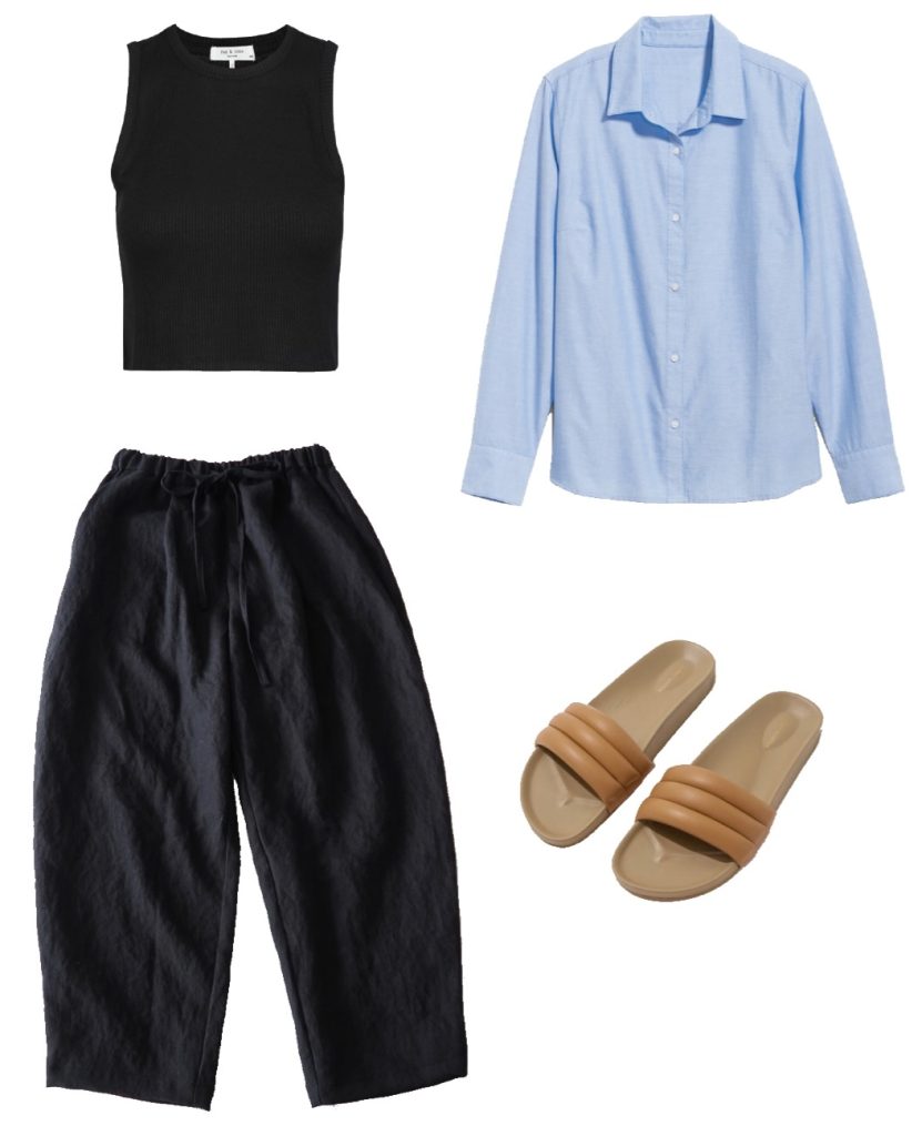 Summer capsule wardrobe outfit ideas - black racerback tank, black linen trousers, blue classic button down shirt, tan sandals