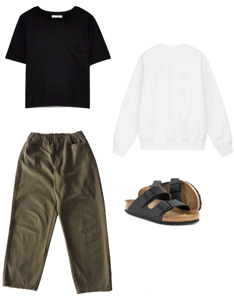 Summer capsule wardrobe outfit ideas - basic black tee, white crew sweater, olive tapered trousers, black chunky sandals