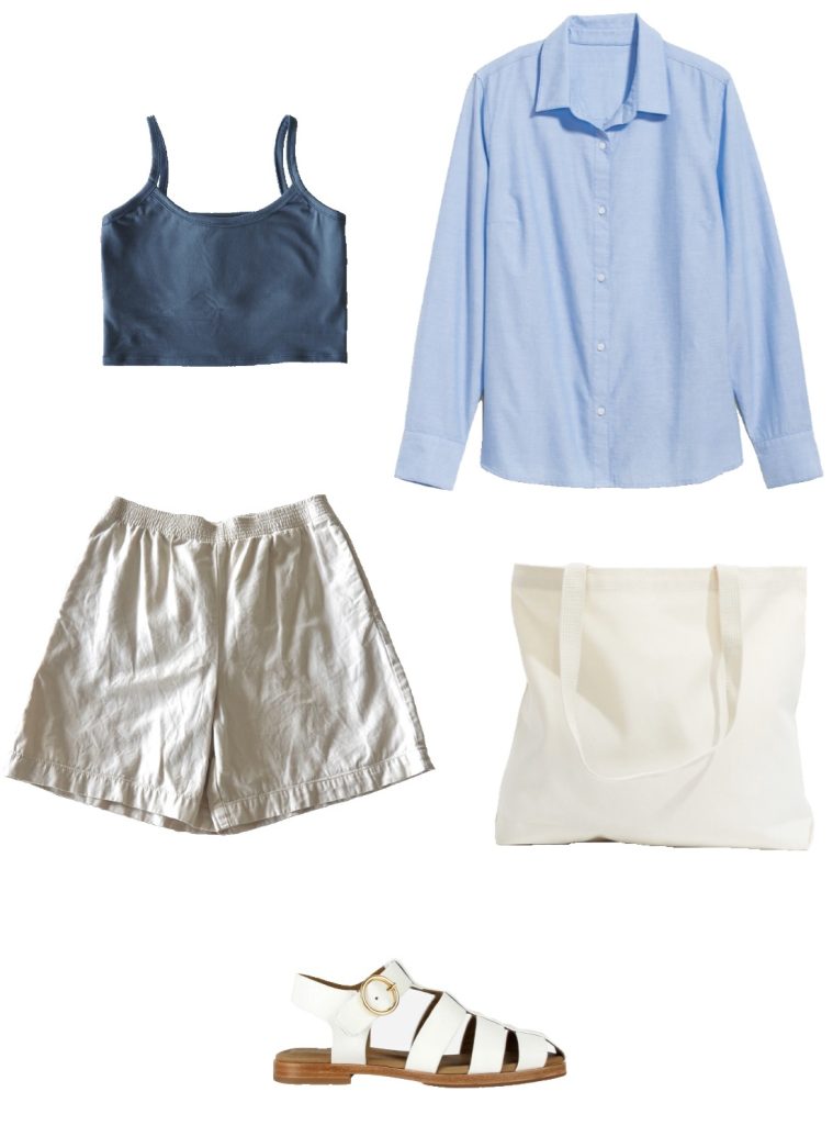Summer capsule wardrobe outfit ideas - blue cropped camisole, beige cotton shorts, light blue button down shirt, canvas tote bag, white leather fisherman sandals