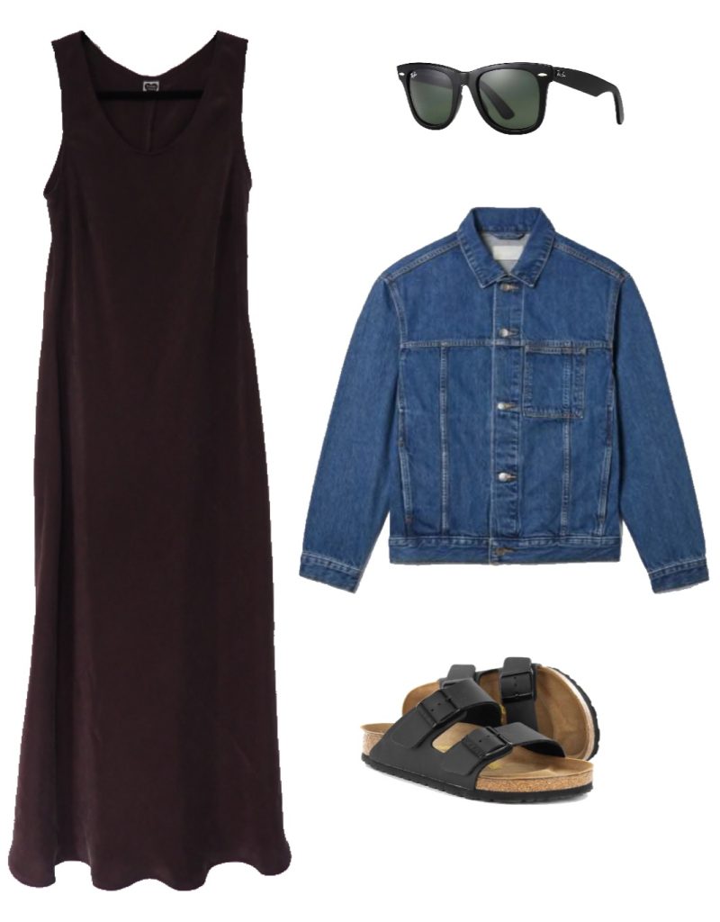 Summer capsule wardrobe outfit ideas - brown maxi dress, denim jacket, black chunky sandals and sunglasses
