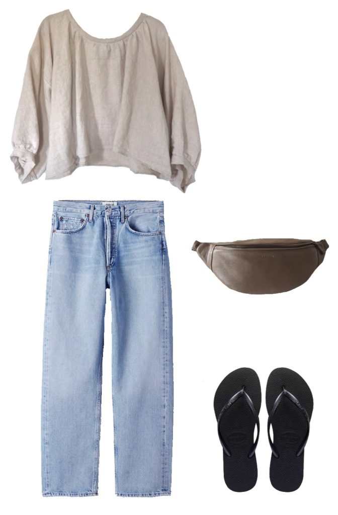 Summer capsule wardrobe outfit ideas - oatmeal linen gathered blouse, light denim, taupe bum bag, black flip flops