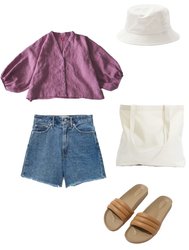 Summer capsule wardrobe outfit ideas - lilac cropped blouse, denim cutoffs, beige bucket hat, canvas tote bag, tan slides