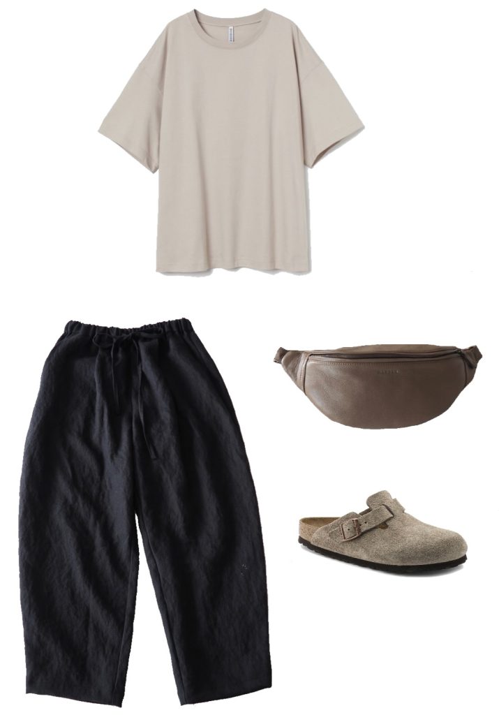 Summer capsule wardrobe outfit ideas - oversized beige tee, black linen trousers, taupe bum bag, taupe birkenstock boston clogs