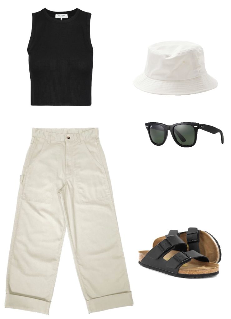 Summer capsule wardrobe outfit ideas - black racerback tank, natural painters pants, white bucket hat, black sunglasses and chunky sandals