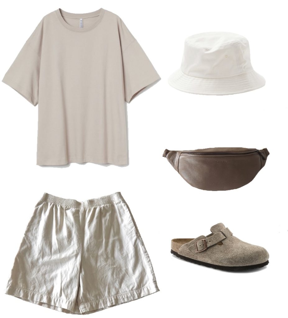 Summer capsule wardrobe outfit ideas - beige oversized tee, cotton shorts, bucket hat, taupe bum bag and birkenstock boston clogs