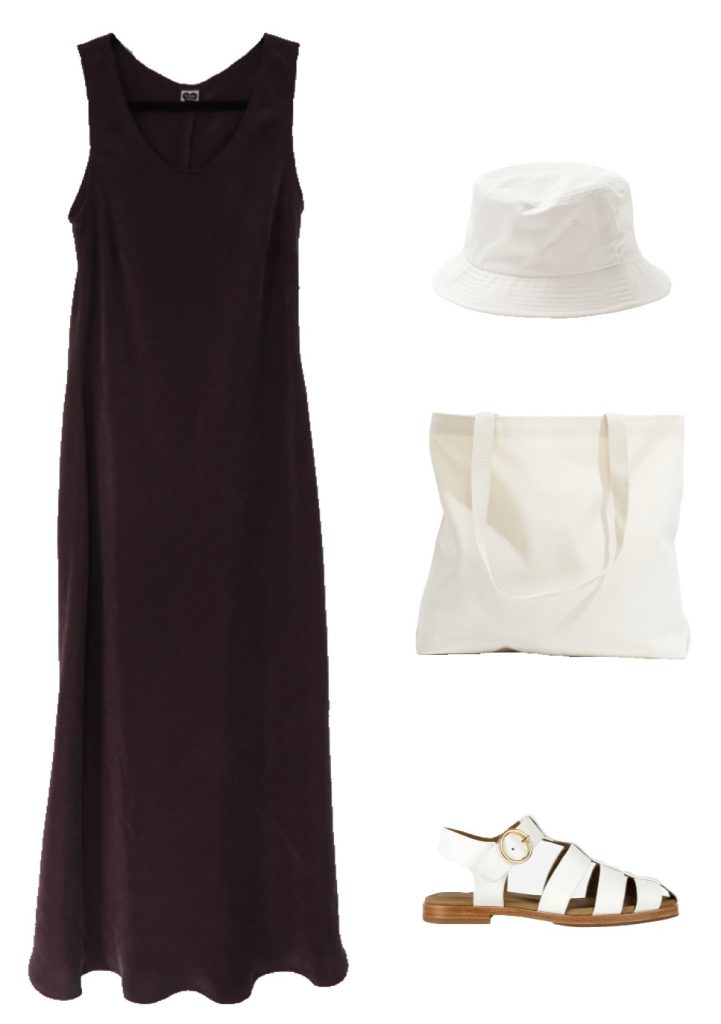 Summer capsule wardrobe outfit ideas - chocolate maxi dress, white bucket hat, canvas tote bag, white fisherman sandals